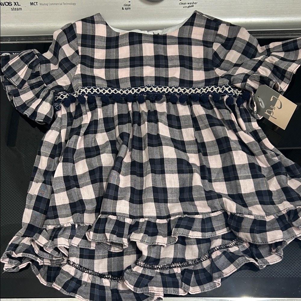 Girl size 5 new nwt plaid pompom top tunic blouse 100% cotton pippa & Julie